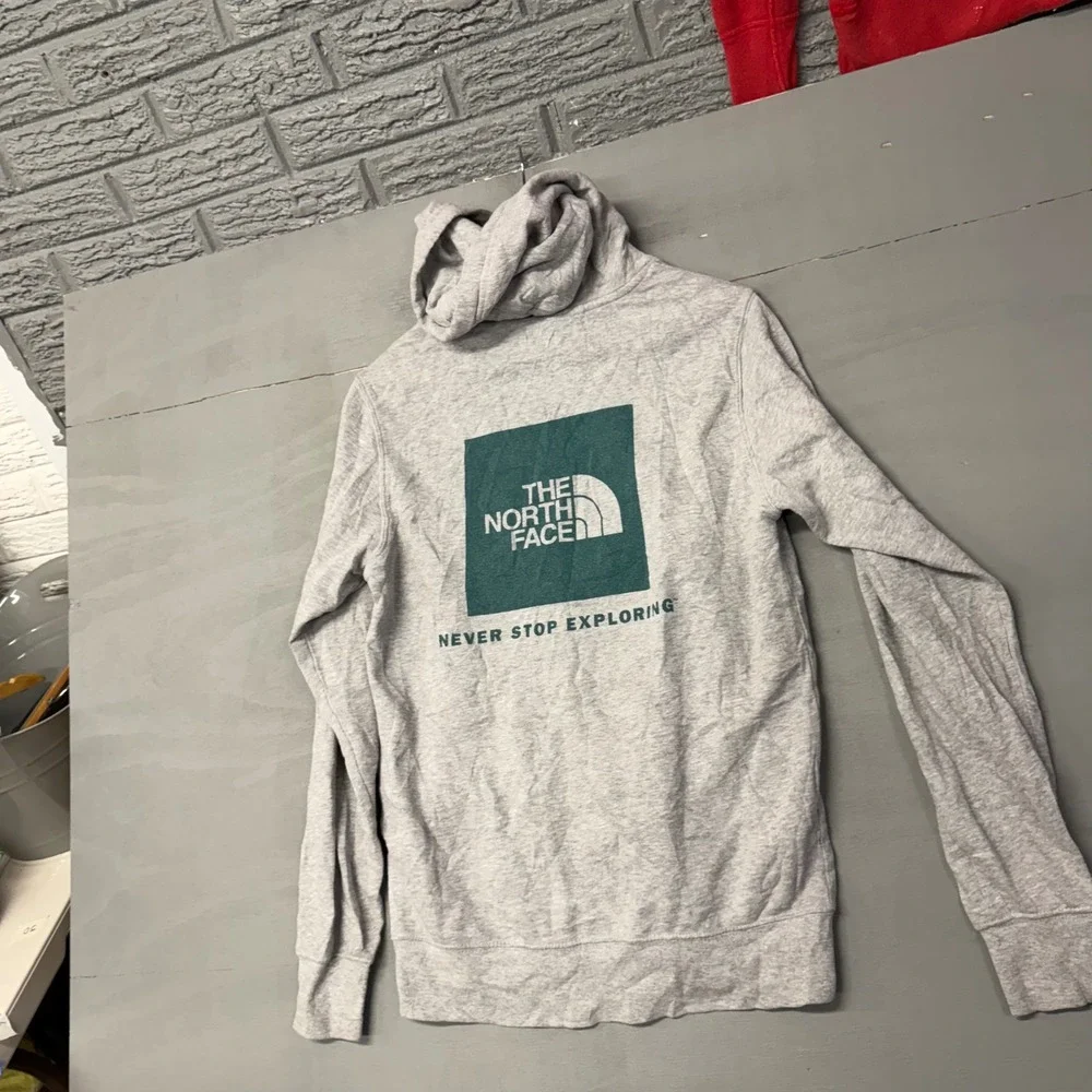 The North Face Mens Heather Gray Green Box‎ Logo Pullover Hoodie Small 4978